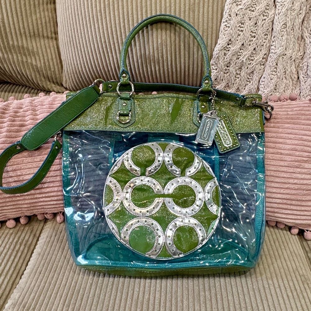 VINTAGE RARE Coach Julia Clear Op Art Perry Tote Bag Green Blue patent leather